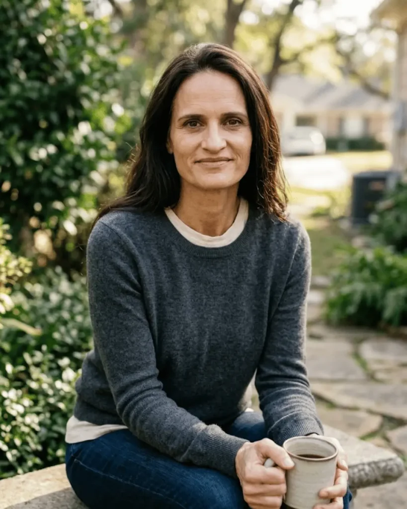 Portrait of a dark-haired woman sitting outdoors with a mug, illustrating Jodi Lynn Calaway’s life away from the public spotlight.