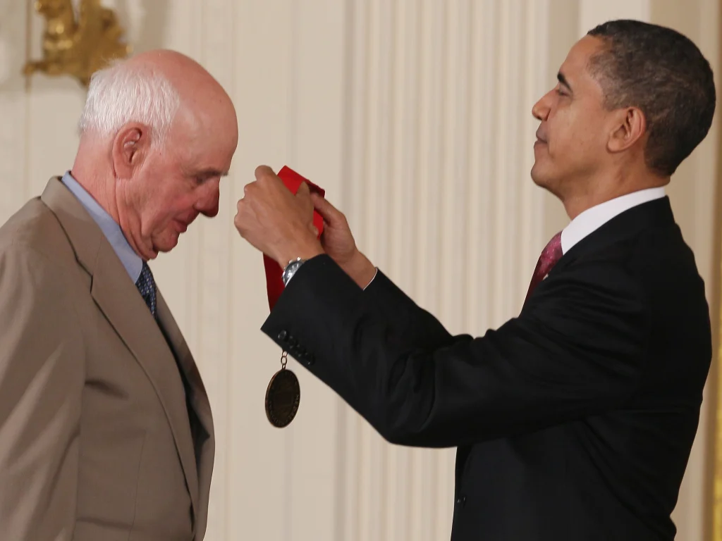 Wendell Berry receives the National Humanities Medal from President Barack Obama during a White House ceremony.