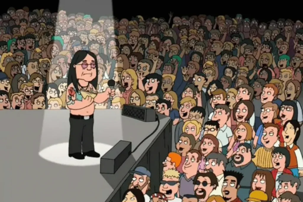 Family Guy characters gathered around a stage during the PTV episode.