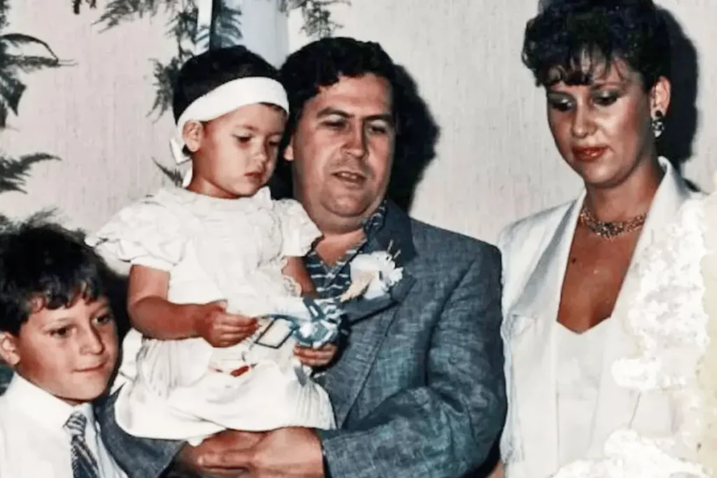 Young Manuela Escobar being held by her father Pablo Escobar in a family photograph