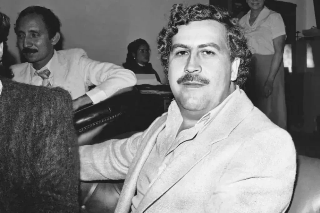 Black-and-white portrait of Colombian drug lord Pablo Escobar
