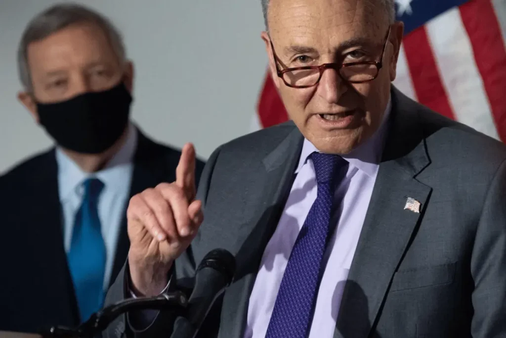 Chuck Schumer at a U.S. Capitol press conference following Senate passage of legislation in April 2021.
