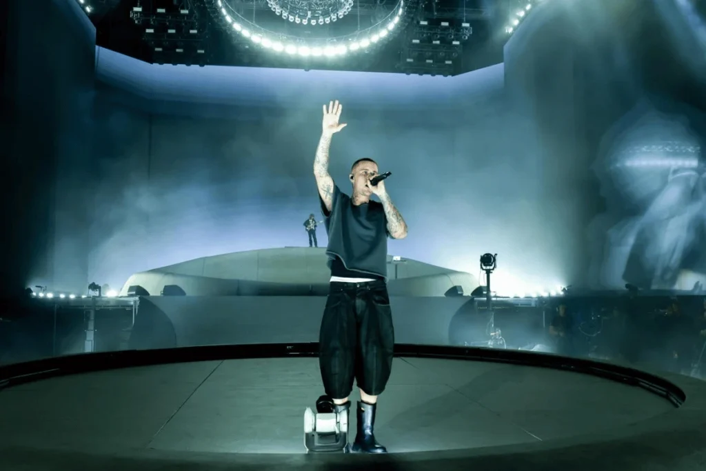 Justin Bieber performing on the Coachella main stage during his 2026 headline set.
